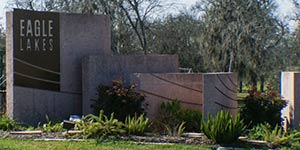 Picture of the enterance to the Eagle Lakes subdivision in Friendswood, Texas.